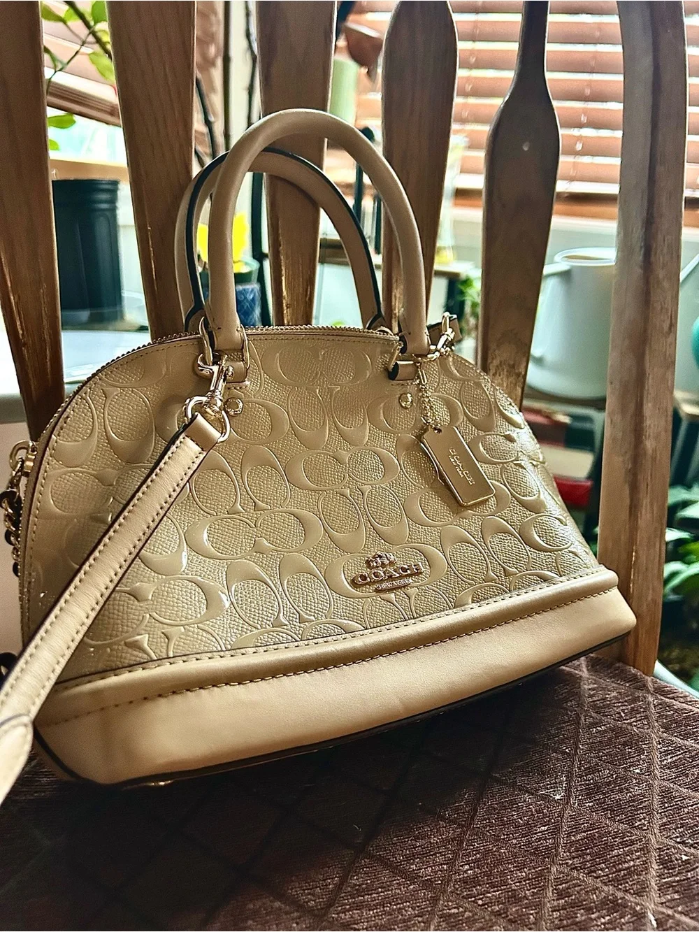 Coach Classic Katy Cream Dome Satchel with Signature Embossing and Gold Hardware